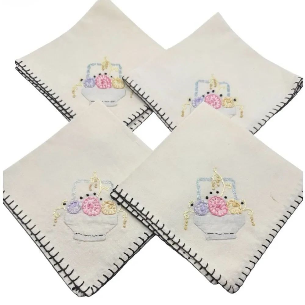 Embroidered Linen Napkins Vintage Easter Basket Embroidery 10 X 10” Set of 4
